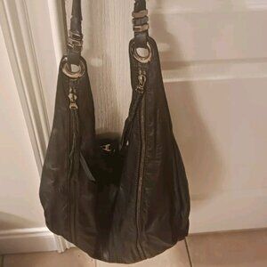 orYANY Black Pebbled Leather Hobo Double Top Handle Bag Silver tone Zip